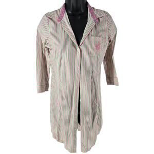 Lauren Ralph Lauren Pink Striped Button Down 100% Cotton Sleep Shirt Crest Comfy
